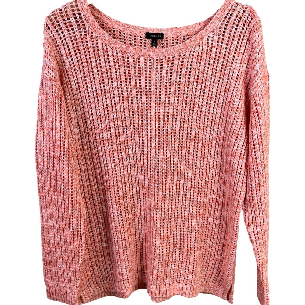 Talbots Open Stitch‎ Coral Loose Pull Over Round Neck Knit Sweater Large Luxury